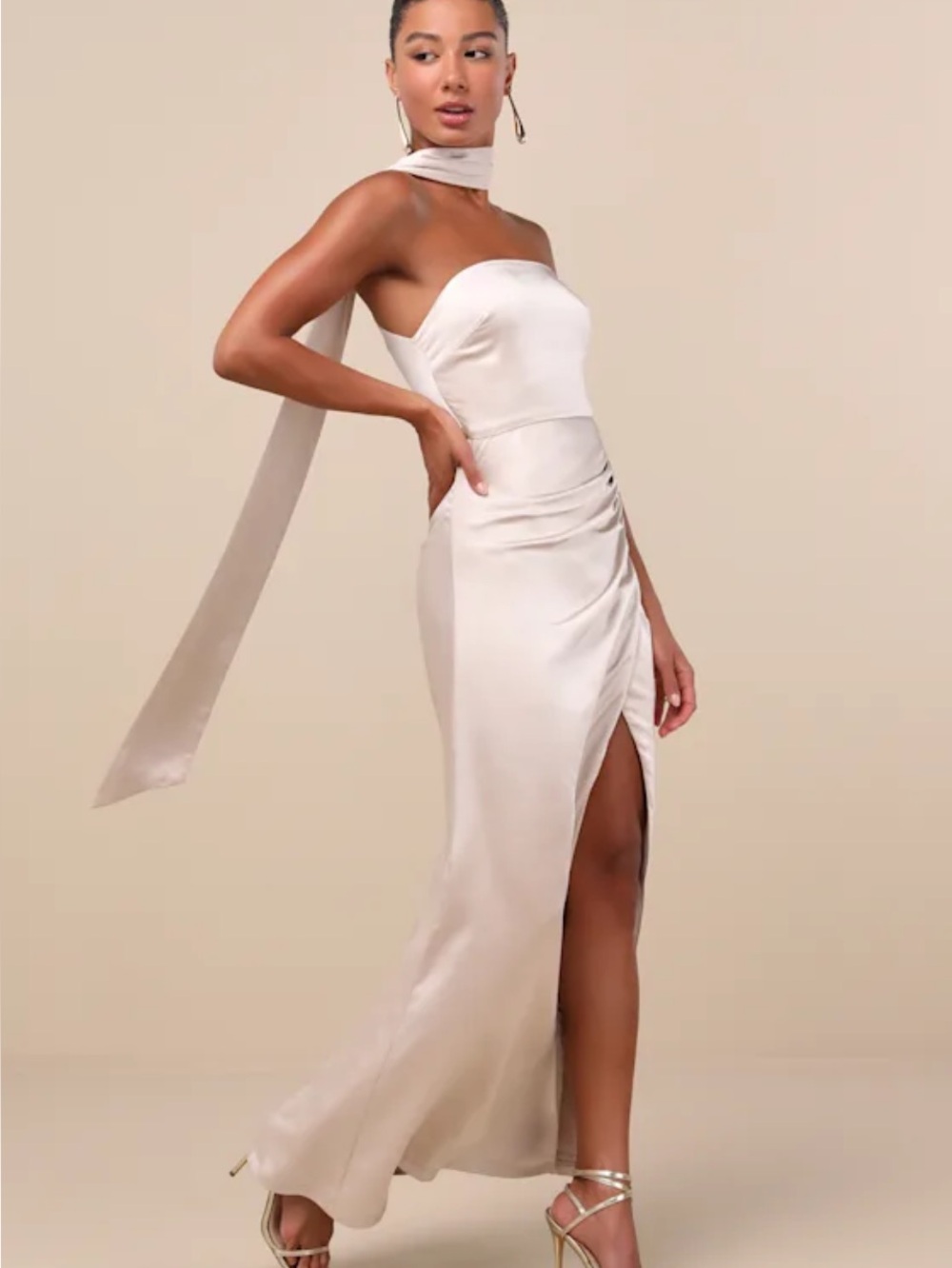 New Lulus Maritza Strapless Satin Sash Evening Gown in Ivory Sz Medium